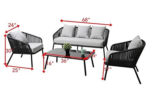Image of DEVOKO Outdoor Furniture Collection Bistro Set with Cushion 4-Piece Rope Patio Backyard Living Set with Center Table for Garden /Balcony.(Black and Grey Color)