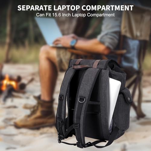 Image of WITZMAN Canvas Backpack for Men Vintage Rucksack Fits 15.6 inch Laptop | Drawstring Backpack, Travel High Capacity Casual Daypack with USB Charging Port, For Vacation, Overnight Trip, A8004 Black