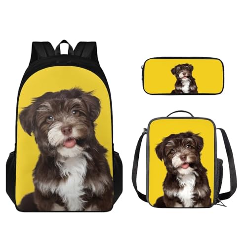 Set zaino per bambini con portapranzo e portapenne borsa per studenti per scuola elementare o asilo Havanese - Giallo e Marrone Taglia unica Zaino per