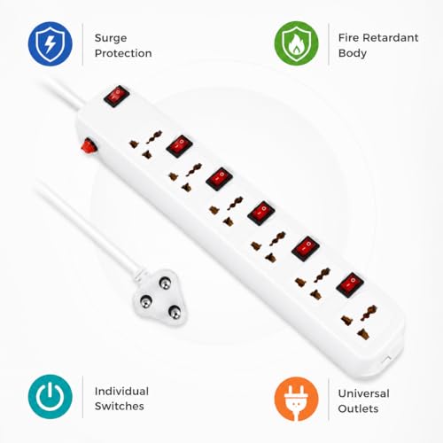 Image of Fora Extension Board with 4 Meter Power Cord | 5 Amp Multi-Socket Extension Board with Surge Protection & Individual Switches | Power Strip for Home, Office, Laptop, PC, Mobile Chargers & Appliances