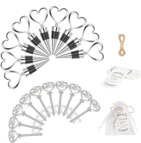 CUSWARE Lot de 24 clés décapsuleurs et bouchons de vin, décapsuleur, porte-clés, sac transparent, étiquettes cadeaux, anniversaire, tire-bouchon de...