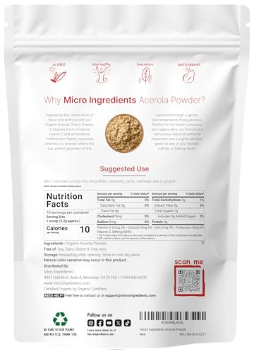 Micro Ingredients Pure Acerola Cherry Powder Organic, Natural Organic Vitamin C for Immune System Booster, 8 Ounce, Best Superfoods for Beverage, Smoothie and Drinks, Vegan Friendly, Brazil Origin