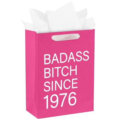 WRAPAHOLIC 13 Large 50th Funny Birthday Gift Bag with Tissue Paper - Badass Bitch Since 1976 Humor Paper Bags for Women Friends 50th Birthday Party