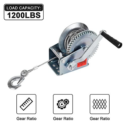 Image of Heavy Duty Hand Winch, Hand Crank Strap Gear Winch with Steel Wire, Manual Operated Corrosion Resistant ATV Towing Winches (1200lbs)