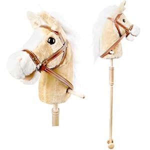 37 Inch Plush Stick Horse Handsewn Head Hobby Horse on a Stick Horses Ride on a Stick Toy with Wooden Wheels and Real Pony Clip-Clop Sounds for Pretend Play Kids Gift