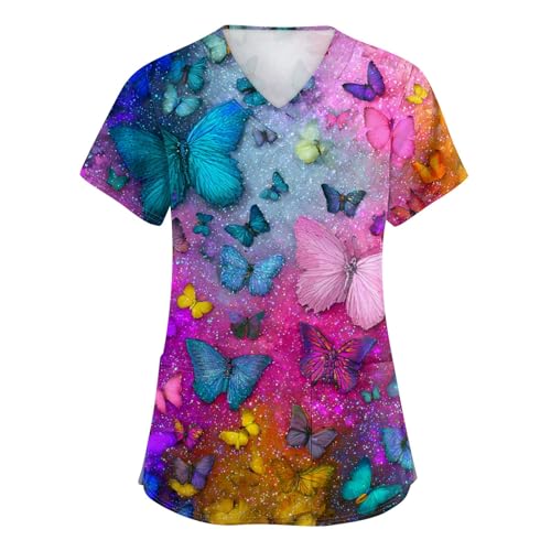 OIOLOYJM Printed Scrub Tops Women V Neck Short Sleeve Plus Size Scrubs for Womens Nursing Uniforms Shirts with Pockets