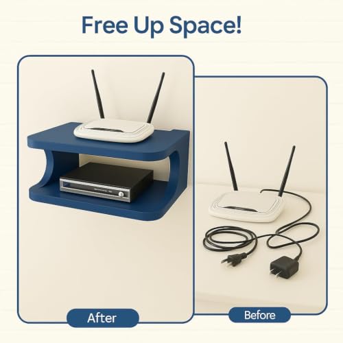 Image of Wall Shelf for WiFi Router & Set Top Box MDF Floating Wall Mount Shelf for Living Room Bedroom Office | Cable Management Organizer Rack for Modem DTH Gaming Console Storage | Blue