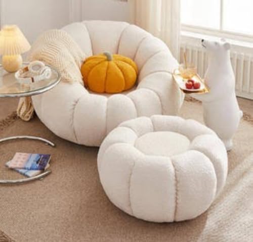 Image of Pumpkin Style Wooden Sofa, Contemporary Modern & Cozy Accent Chair for Living Room, Beige, 1 Seater Chair with Ottoman
