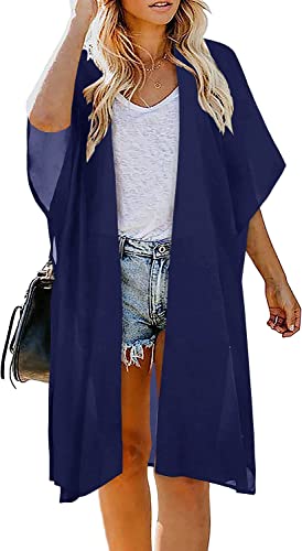 Image of Indian Trendy Women's Solid Puff Sleeve Kimono Long Cardigan Loose Cover Up Casual Blouse Top Chiffon