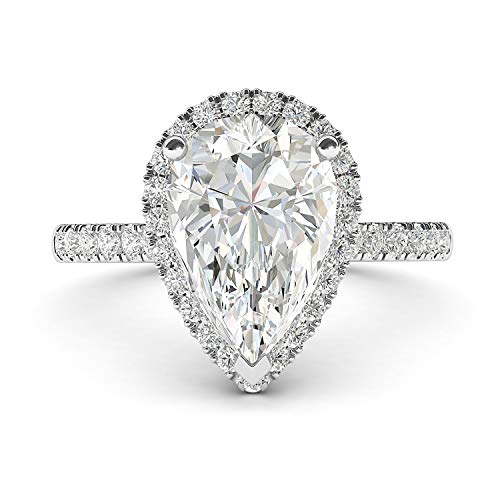 Sterling Silver Simulated Pear-Shaped Diamond Halo Engagement Ring with Side Stones Promise Bridal Ring