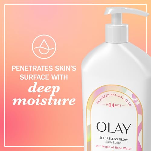 Image of Olay Body Lotion for Women, Effortless Glow, Restore Natural Glow, 24hr Moisturizing & Deep Hydration, Absorbs Instantly, Penetrating Vitamin B3 Complex, For All Skin Types, Rose Water Scent, 18 fl oz