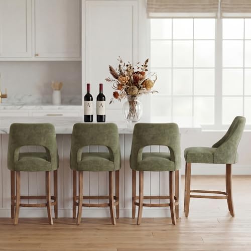 Image of UVV Bar Stools Set of 4, Upholstered Counter Height Bar Stools, Modern Counter Stools with Wood Legs for Kitchen Island Dining Room Bar, Green