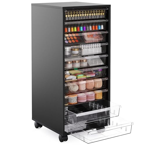 WOPITUES Storage Drawer Cart, Mobile Storage Cabinet, Makeup Storage with 10 Large Clear Drawers, Utility Wooden Rolling Cart on Wheels, for Cosmetic, Art Craft, Office Supplies, Toy, Black