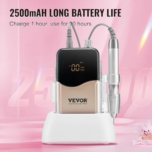 Image of VEVOR Electric Cordless Nail Drill - with 35000RRM Brushless Motor and Charging Base, Rechargeable Nail E File Machine with 6 Bit & 50PCS Sanding Band for Acrylic Gel Nail, Manicure Pedicure Polishing
