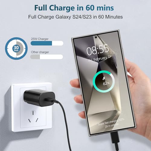 USB C Fast Charger, 25W Samsung Charger Super Fast Charging Type C Android Phone Charger Block for Samsung Galaxy S24/S24 Ultra/S24+/S23 Ultra/S23/S23+/S22/S21/S20/Note 10/Note 20 with 6.6FT Cable