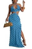 Aro Lora Womens Sexy Halter Neck Criss Cross Pleated Hollow Out Side Slit Bodycon Maxi Dress Medium Blue