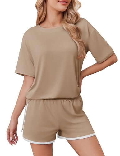 Ekouaer Soft Pajamas Set for Women Loose Lounge Set Crew Neck T-Shirts Top and Sport Shorts Tracksuit with Pockets,Medium,Khaki