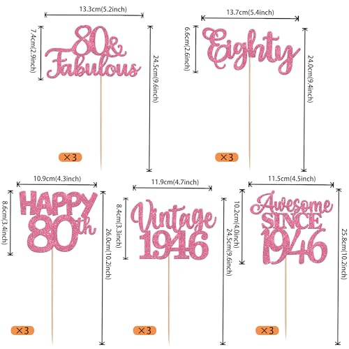 Image of 15 PCS 80th Birthday Centerpiece Sticks Glitter Eighty Happy 80 Vintage 1946 Table Flower Centerpieces Sticks Cheers to 80 Fabulous Floral Decorations for 80th Birthday Party Supplies Pink