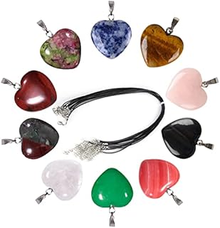 Crystal Necklaces Heart Shaped Stone Pendants, 10 Pieces Natural Assorted Color Healing Crystals Necklace with Leather Necklace Cord Crystal Pendants for Jewellery Making