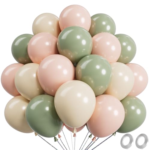 Image of Pink and Green Balloons 12 Inch 67PCS White Sage Green Balloons Latex Helium Balloon Set for Anniversary Wedding Birthday Party Decorations