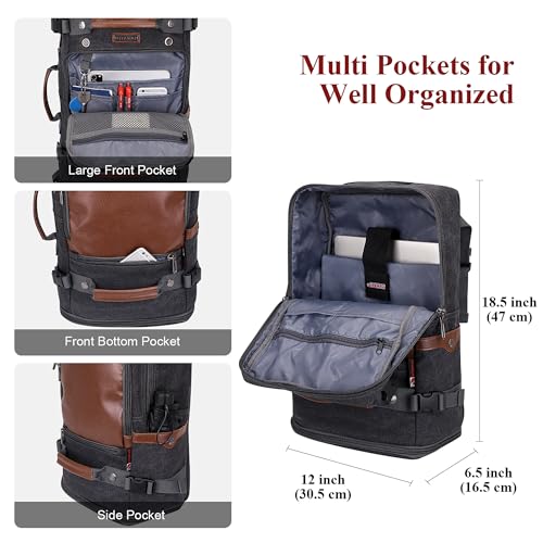 WITZMAN Travel Backpack for Men Women Carry on Luggage Backpack Canvas Rucksack Duffel bag with Shoe Compartment（A2020 black） - Thumbnail 6