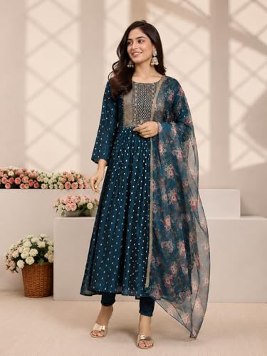 Image of Women's Chanderi Kurta with Legging and Dupatta | Modern & Traditional Blend Ethnic Wear Set | Festive & Casual Summer Kurti with Pants for Party Office & Ethnic Occasions