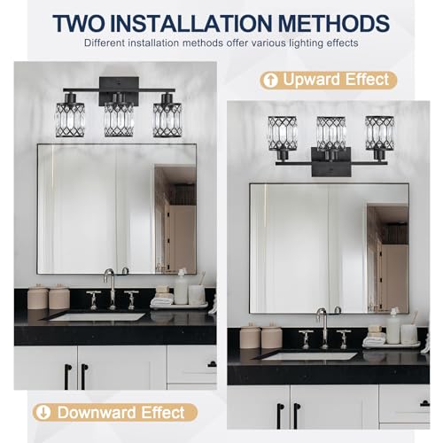 JZEKVN Crystal Modern Bathroom Light Fixtures, 3-Light Black Bathroom Vanity Wall Light, Vanity Lights for Mirror, Restroom, Bedroom (E26 Socket, Bulbs Not Included) by JZEKVN - Used condition - Image 6