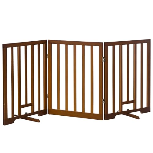 PawHut Cancellino per Cani Pieghevole a 3 Pannelli con Piedini Antiscivolo per Corridoi, Scale e Stanze, in Legno di Pino, 181x35x76 cm, Marrone Scuro