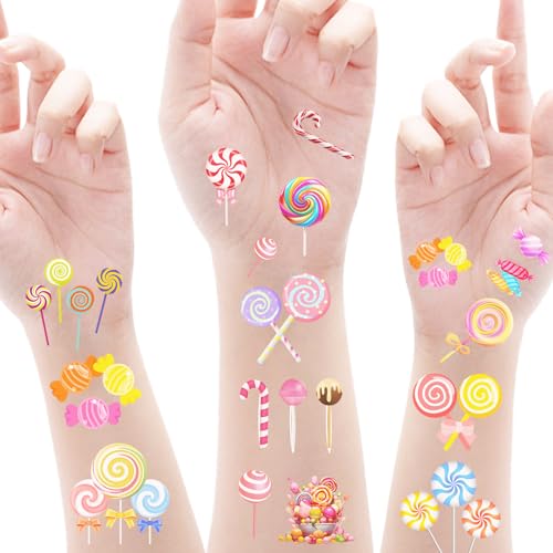 PIBIPAID 472 Pcs Cute Candyland Candy Land Tattoos Temporary Stickers,Sweet Candyland Birthday Party Favors Supplies Decorations Favors Goodie Bag Stuffers Prize(24 Sheets)