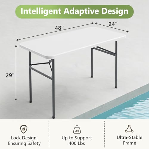 MAKE CHANGES 4ft Folding Table, Heavy Duty Plastic Card Table with Foldable Steel Legs, Metal Frame Support up to 400 lb, Portable for Indoor, Outdoor, Picnic, Camping, Dining, Party, White