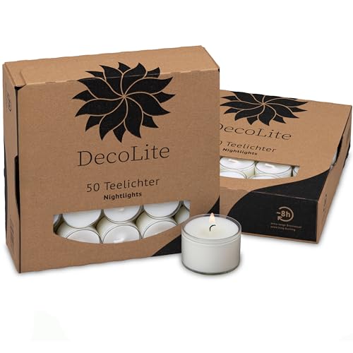 DecoLite: 50-500 Teelichter Nightlights in transparenter Hülle | 8 Stunden Brenndauer | 100% made in Germany | RAL Geprüft | höchste Qualität | Kerzen in Durchsichtigem Behälter (100) Ohne Duft