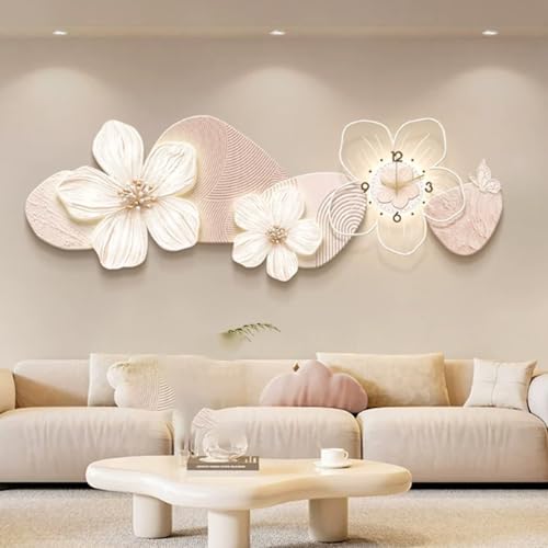 Horloge murale fleur 3D grand format 100x35cm, decoration florale rose silencieuse