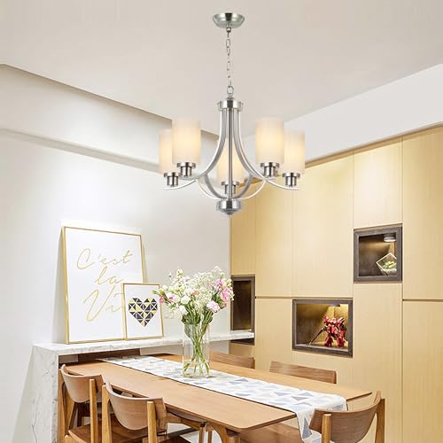 MELUCEE 5 Lights Chandeliers for Dining Room Traditional Chandelier Classic Pendant Light Brushed Nickel with Milky White Glass Shade, Mid Century Modern Chandelier for Kitchen Foyer Bedroom by MELUCEE - Image 2