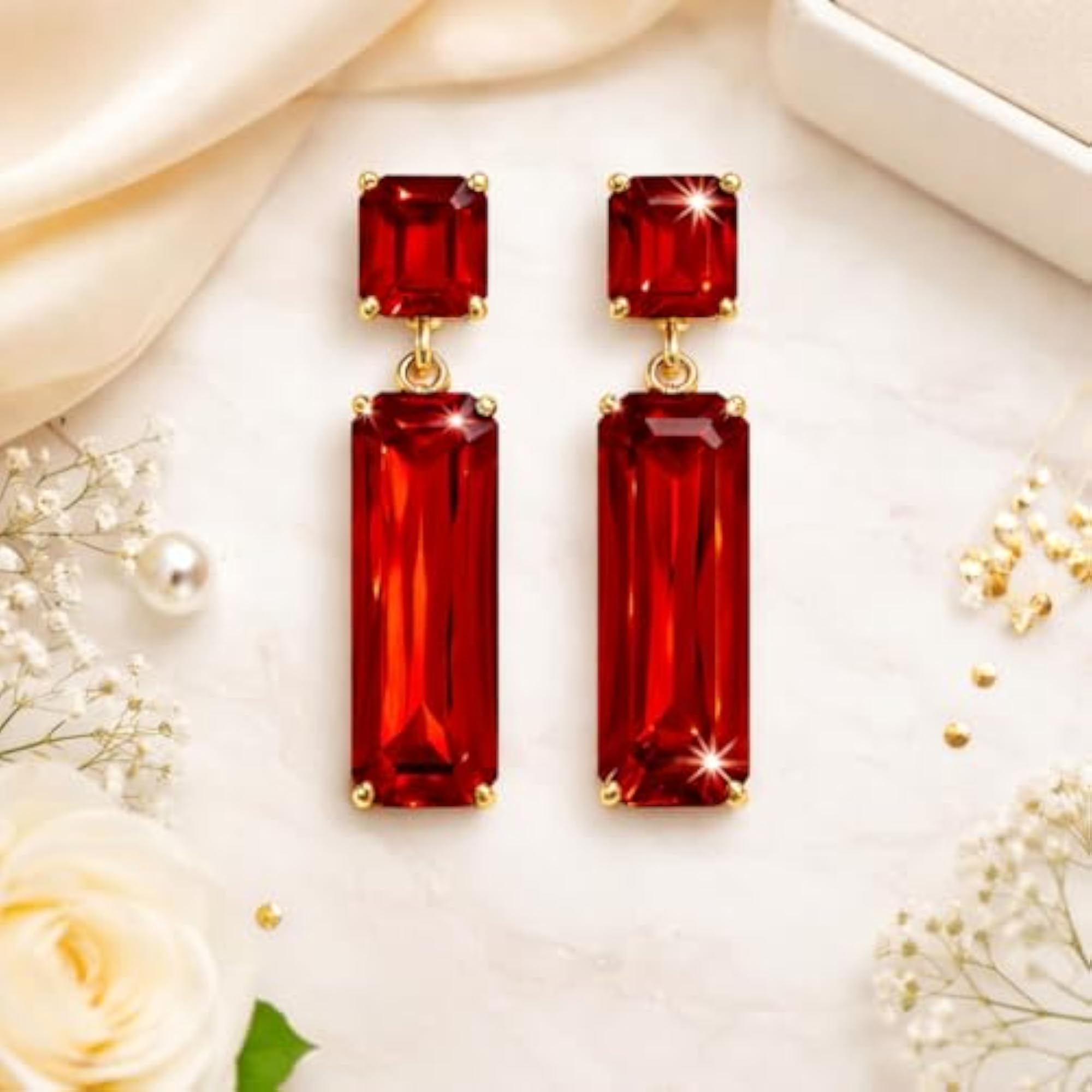 Women's Red Rectangular Crystal Long Korean Earrings Set