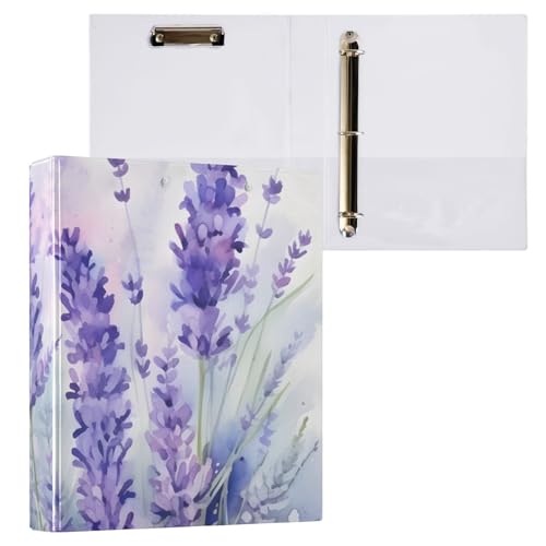 Image of 3 Ring Binder Purple Lavender Flower 1.5 inch Binders Three Ring Binders with Clipboard Fit 8.5'' x 11'' Paper 3 Interior PVC Clear Pockets for Office Supplies