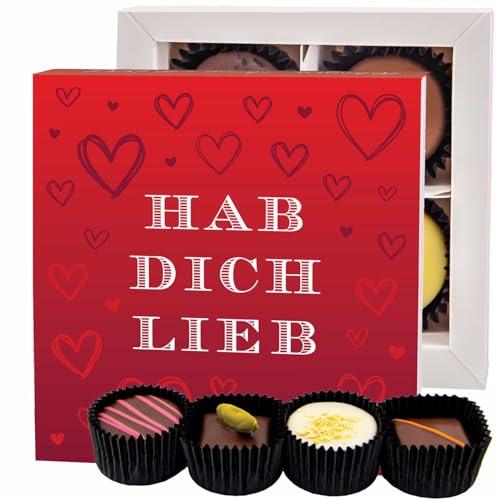 Hallingers Genuss Manufaktur Pralinen Geschenk Valentinstag – handmade ohne Alkohol aus Edelkakao-Schokolade edle Geschenkbox Hab Dich lieb, Confiserie-Qualität für ihn sie Freundin Partner & Paar