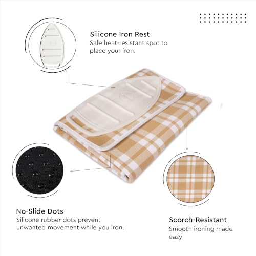 Image of Encasa XO Ironing Mat /Pad (Small 70x50 cm) with Padding, Anti-Slip, Silicone Iron Rest for Steam Press on Tabletop or Bed - Heat Resistant, Portable Travel Friendly - Franca Beige Checks