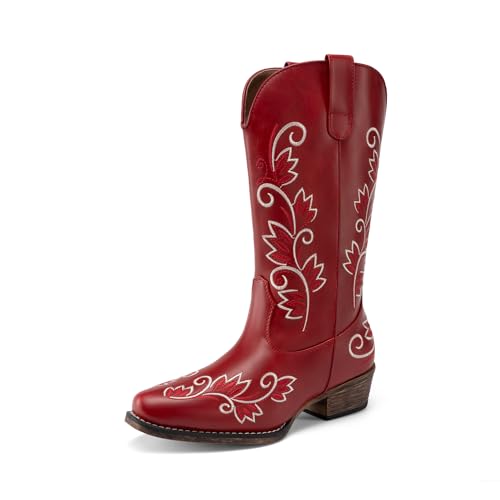 DREAM PAIRS Women's Cowboy Cowgirl Western Mid Calf Boots Square Toe Embroidered Stitched Pull On Country Boots with Low Chunky Heel,Size 6.5,Red,SDMB26002W