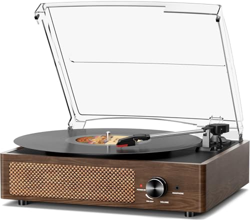 Image of Bluetooth Vinyl Record Player,3-Speed Turntable with Stereo Speakers Vintage Phonograph Record Player, with RCA Line Out AUX in Headphone Jack Coffee Wood
