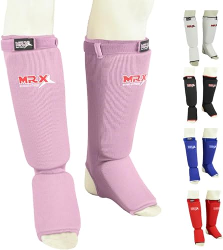 MRX BOXING & FITNESS Muay Thai Shin Guards Kick Boxing Leg & Foot Protector Pad MMA Shin Guard Extra Padding for Men or Women (Pink, S/M)