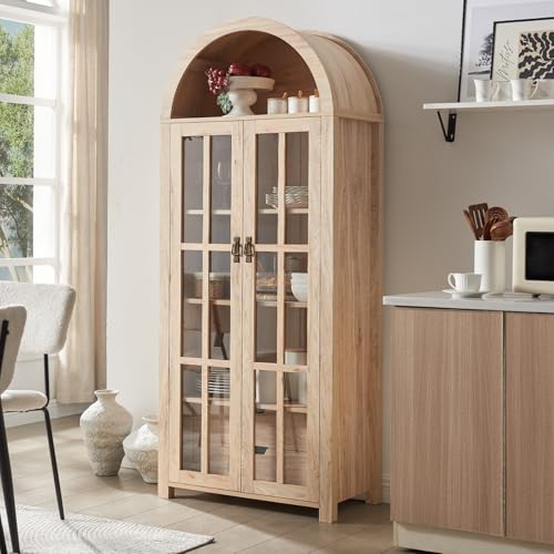 71" Tall Arched Kitchen Pantry Storage Cabinet with Glass Doors,