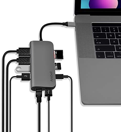 Ansbell USB C Hub Ethernet - 9 in 1 Multiport Portable Aluminum Adapter for MacBook Pro / Chromebook / XPS Charging with 4K Dual HDMI | 3 USB 3.0 | SD/TF Card Reader | 87W Power Delivery | Android