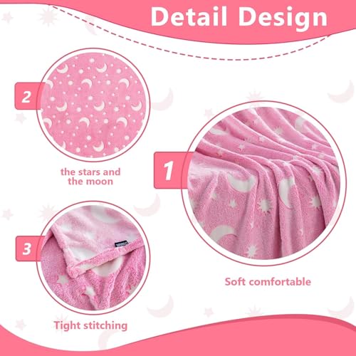 Image of TONY STARK ULTRAAGLOW Glow in The Dark Blanket for Kids (0-15 Years, 200x152 Cm) Soft Flannel Fleece Throw, Cozy & Warm All-Season Radium Blanket for Boys & Girls (Pink Moon & Stars)