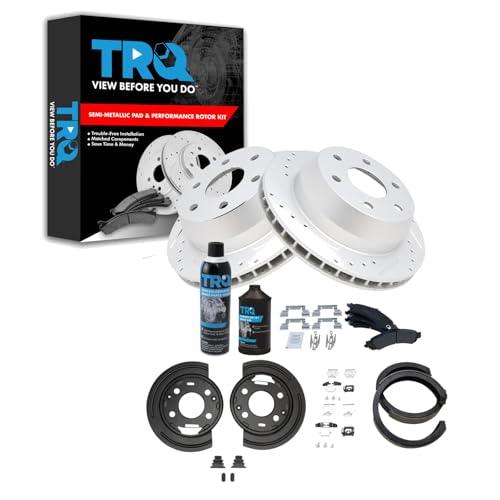 Image of TRQ Rear Performance Brake Pad & Rotor Kit Semi-Metallic Premium G-Coated Slotted X Drilled Compatible with Cadillac Chevrolet GMC