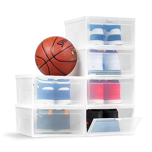 Image of IRIS USA Stackable Shoe Storage Box with Latch Drop Front Door, 6-Pack, for Scarf Game Organizer Container with Ventilation Holes for Closet Under Bed Entryway Storage, Strudy, Wide, Clear