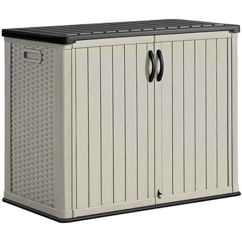 Image of Greesum Outdoor Storage Cabinet 30 CuFt, Resin Large Storage Box Weather Resistance with Lockable Doors, Easy to Assemble, Horizontal Storage Shed for Garden, Patio, Backyard, Beige (Without Shelf)
