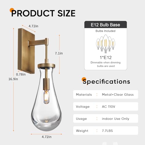 Image of 17 inch L Wall Sconces,Morden Wall Lights Fixtures Raindrop Wall Sconce Bathroom Vanity Light Brass Wall Lamps for Living Room,Bedroom,Hallway,Stairs,Indoor
