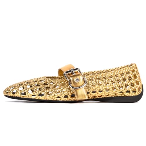 Image of Woven Ballet Flats Mesh Mary Jane Flats for Women Dressy Comfortable Ballerina Flat Round Toe Buckle Strap Mesh Shoes Casual Mary Janes