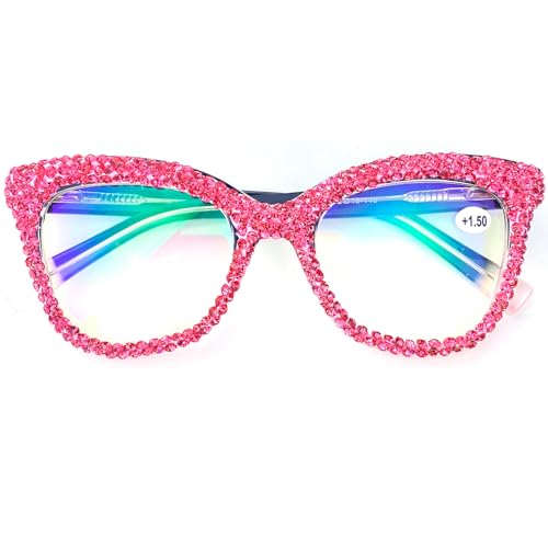 Trendy Women Cat Eye Reading Glasses Fashion Shiny Bling Anti Blue Light Magnifier Reader bling Rhinestone Reading Glasses (pink, 1.75, x)