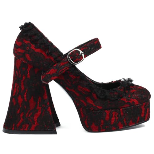 KOKOMOMO Women's Lace Flower Heels Goth Platform Shoes Chunky High Heel Mary Jane Gothic Heels, Size 9 Red2